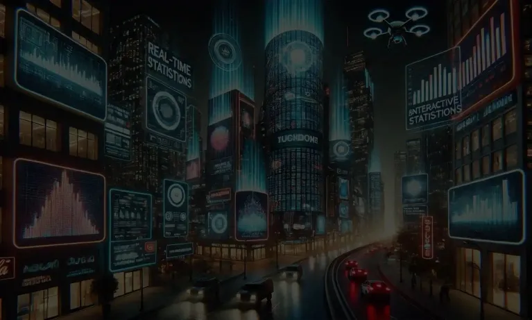 Futuristic city with digital advertising displays